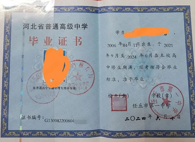 荥阳任丘市第一中学高中毕业证样本图片